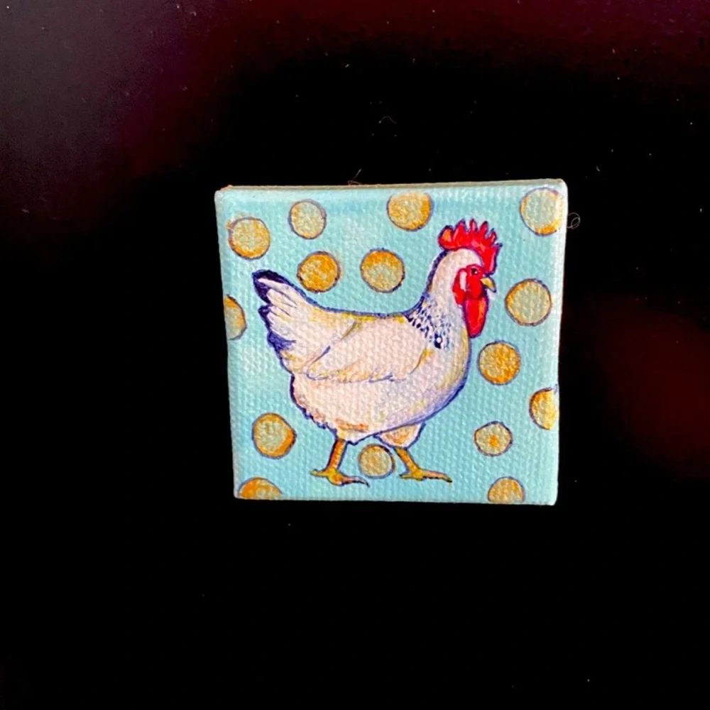 Hand painted mini art magnet rooster hen canvas gift country polka dots artwork